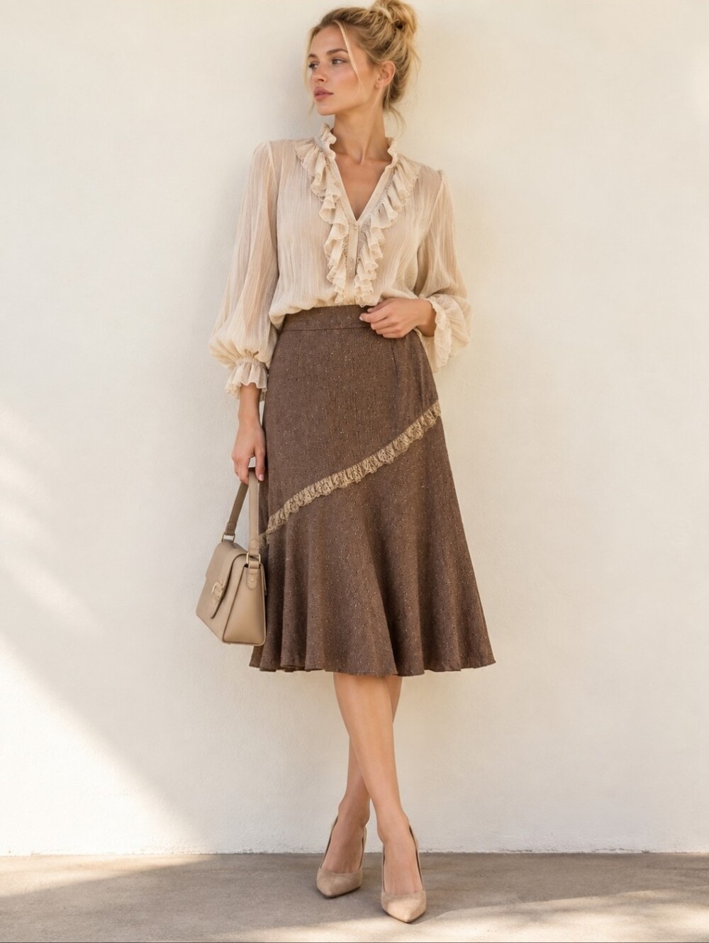 EYE YOUNG Brown Speckled Wool-Blend Fit & Flare Skirt with Lace Accent